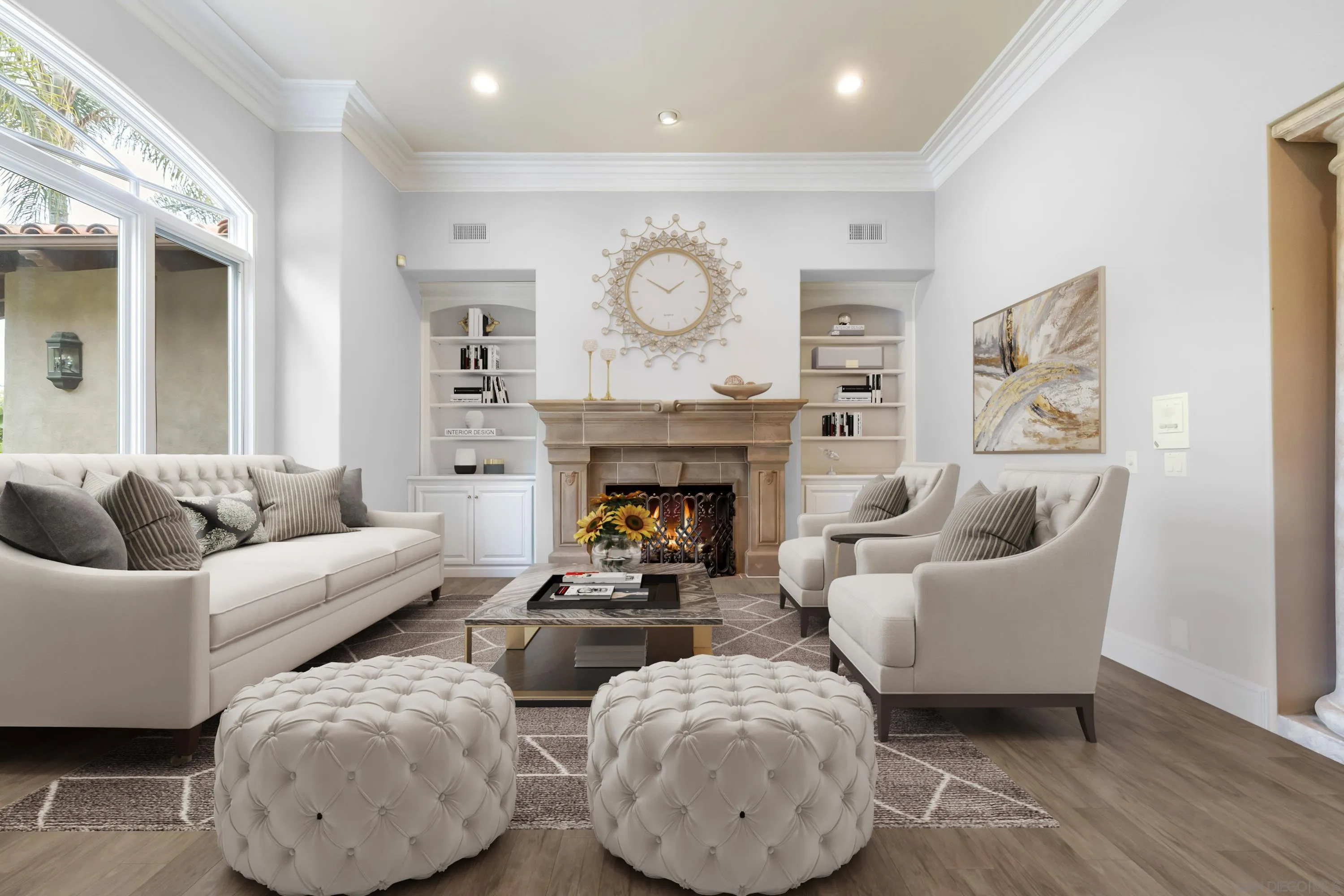 18050 Rancho La Cima Corte Rancho Santa Fe, CA 92067 - Photo 13 of 57 a living room with furniture and a fireplace