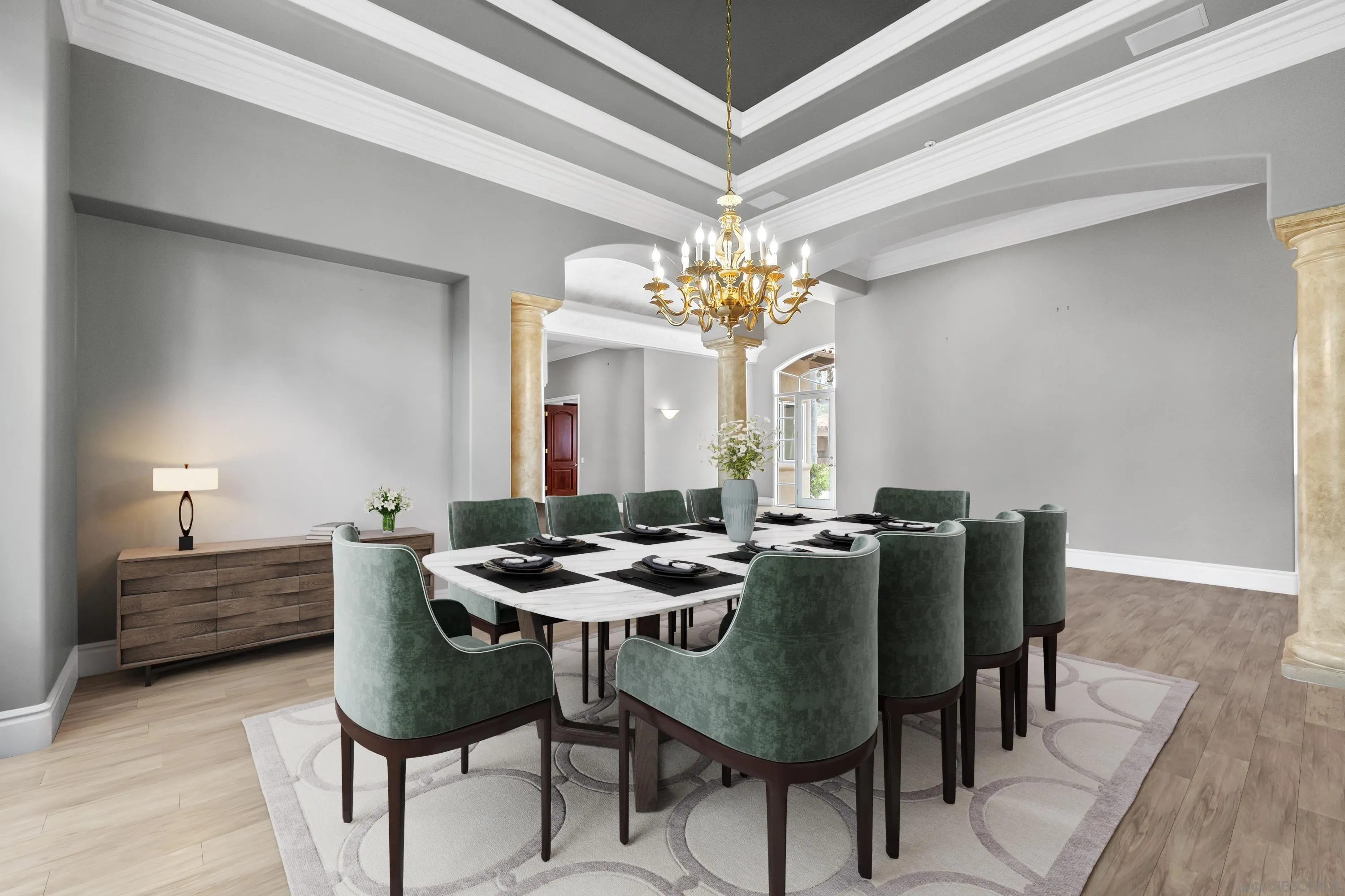 18050 Rancho La Cima Corte Rancho Santa Fe, CA 92067 - Photo 16 of 57 a dining room with furniture and chandelier