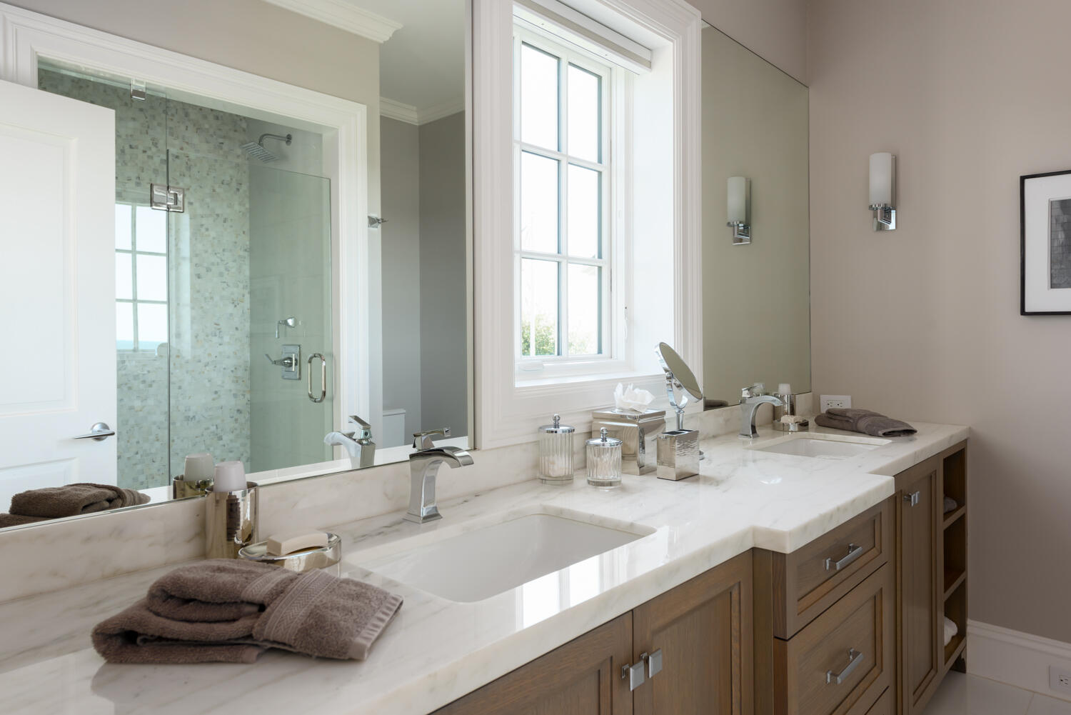 159 Main Street Osterville, MA 02655 - Photo 41 of 56 a bathroom with a granite countertop sink a large mirror and a