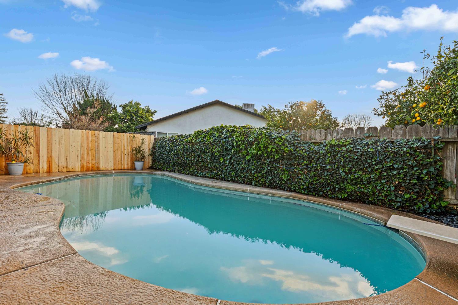 a view of a swimming pool with a yard