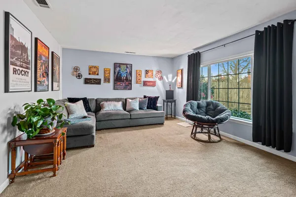 a living room with furniture and a potted plant
