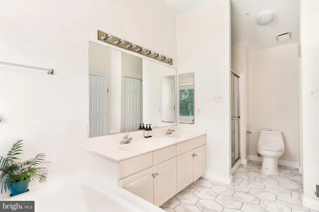 a bathroom with a double vanity sink toilet and a mirror