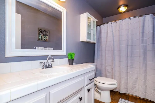 a bathroom with a sink a toilet and a mirror