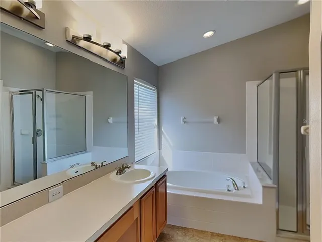 a bathroom with a tub sink and mirror