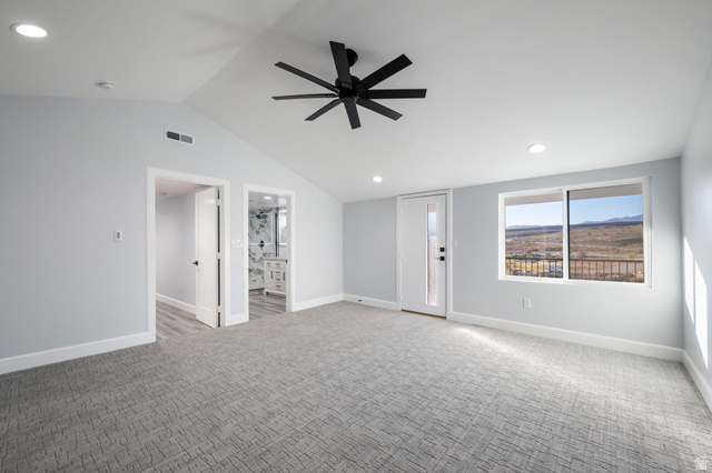 476 Spring Drive Toquerville, UT 84774 - Photo 54 of 95 Unfurnished living room featuring light colored carpet, ceiling fan, and recessed lighting
