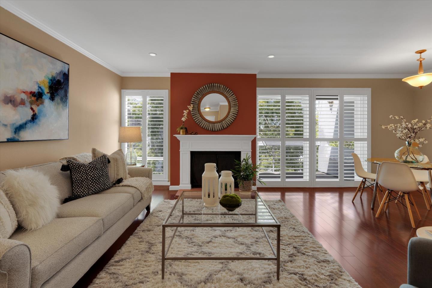 1025 Shell Boulevard, Unit 9 Foster City, CA 94404 - Photo 6 of 31 a living room with furniture a large window and a fireplace