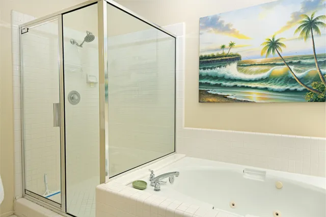 a bathroom with a bathtub and a shower