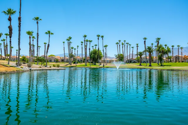 a view of an ocean with boats and trees in the background
