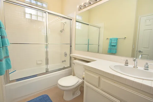 a bathroom with a sink a toilet and shower