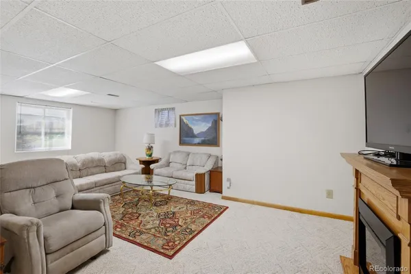a living room with furniture a rug and a window