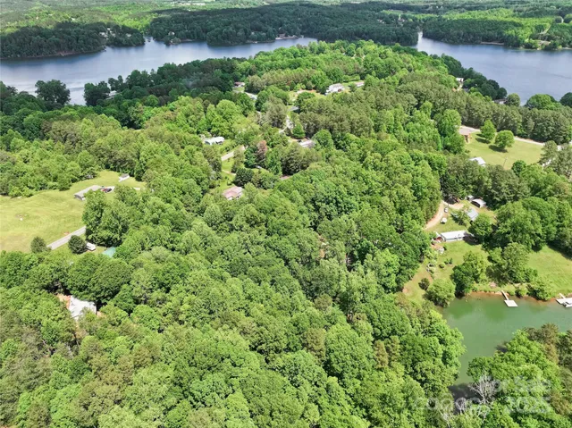 an aerial view of a house with a yard and lake view