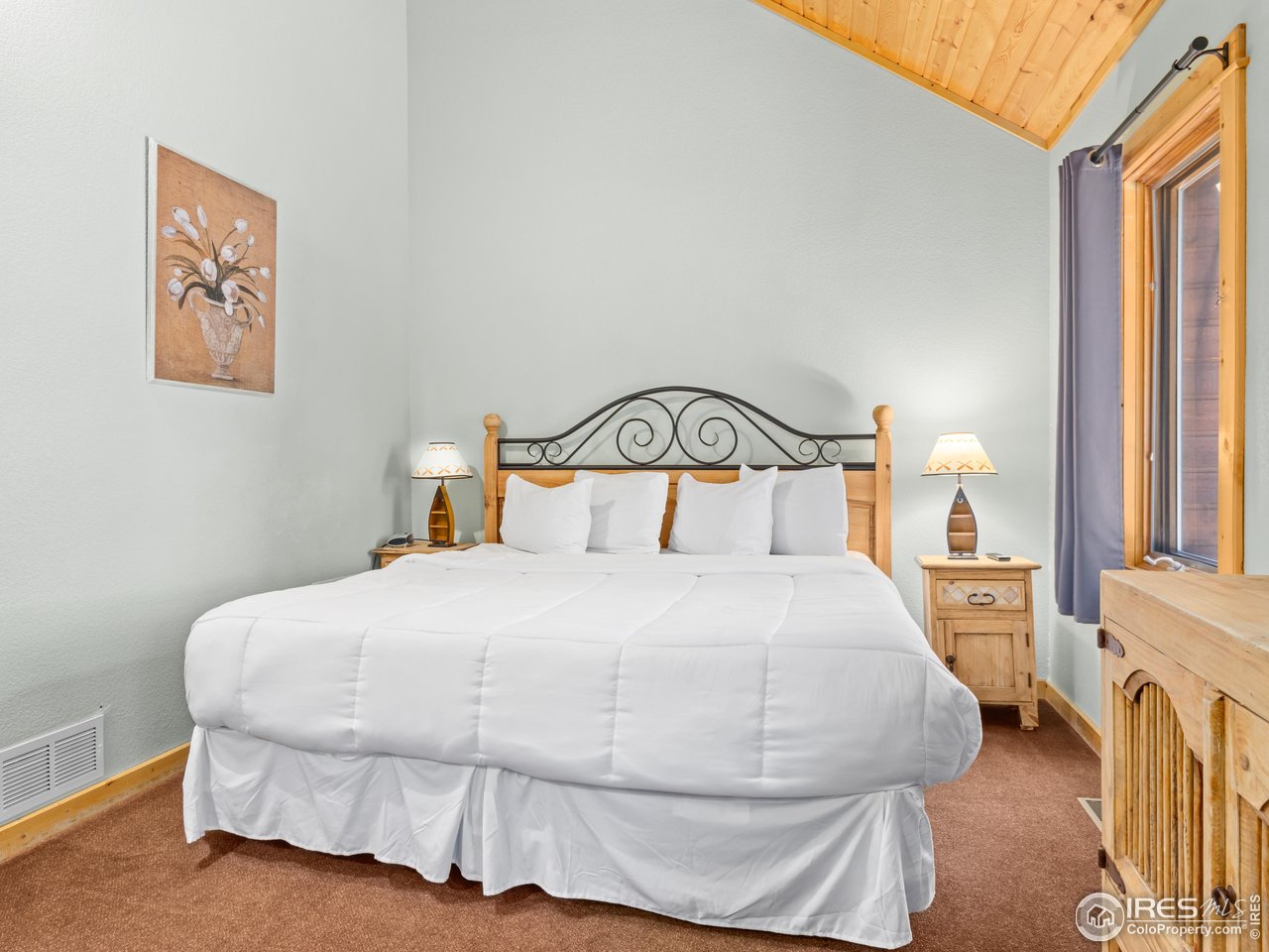 1340 Fall River Drive, Unit E Estes Park, CO 80517 - Photo 20 of 28 a bedroom with a bed and a potted plant on the dresser