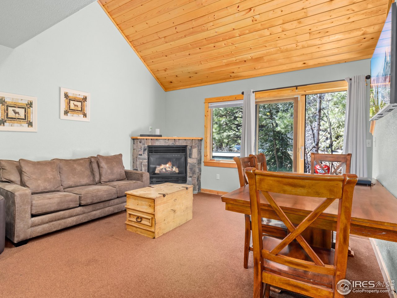 1340 Fall River Drive, Unit E Estes Park, CO 80517 - Photo 6 of 28 a living room with furniture and a floor to ceiling window