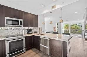 a kitchen with a stove and a microwave