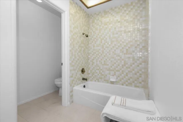 a bathroom with a bathtub and a toilet