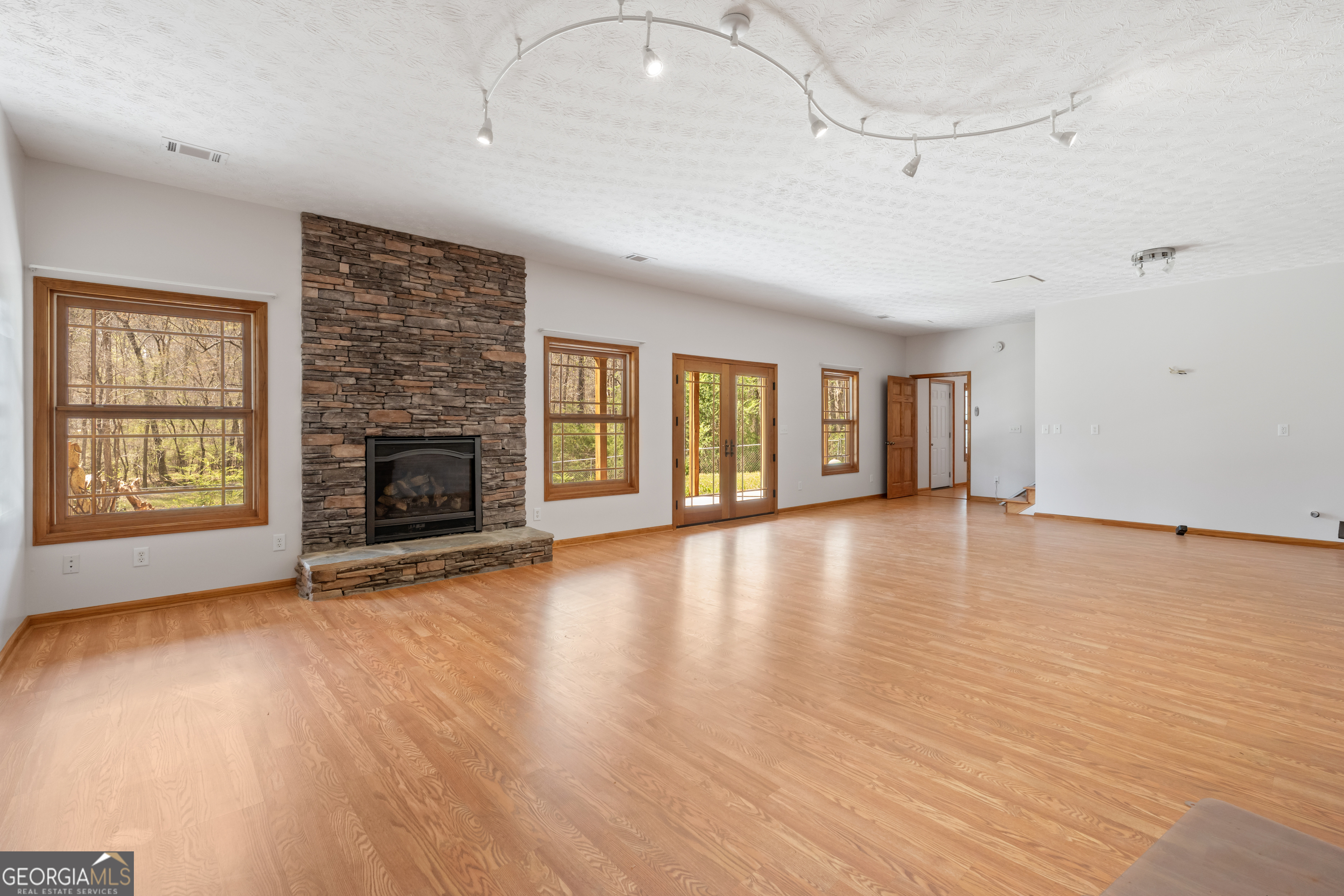 1229 Boggus Road Franklin, GA 30217 - Photo 35 of 68 an empty room with wooden floor fireplace and windows