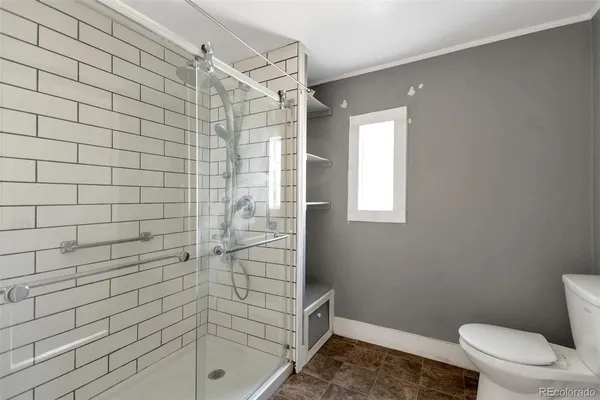 a bathroom with a shower and toilet