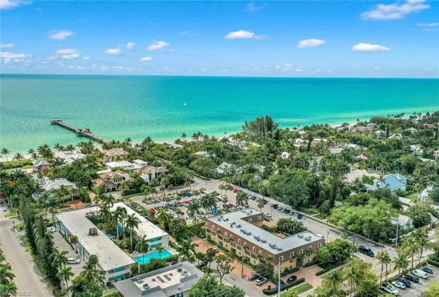 an aerial view of ocean with residential houses with outdoor space and trees
