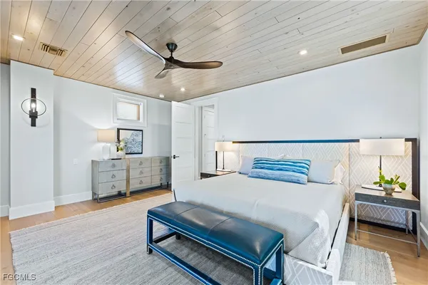 a bedroom with furniture and a wooden floor