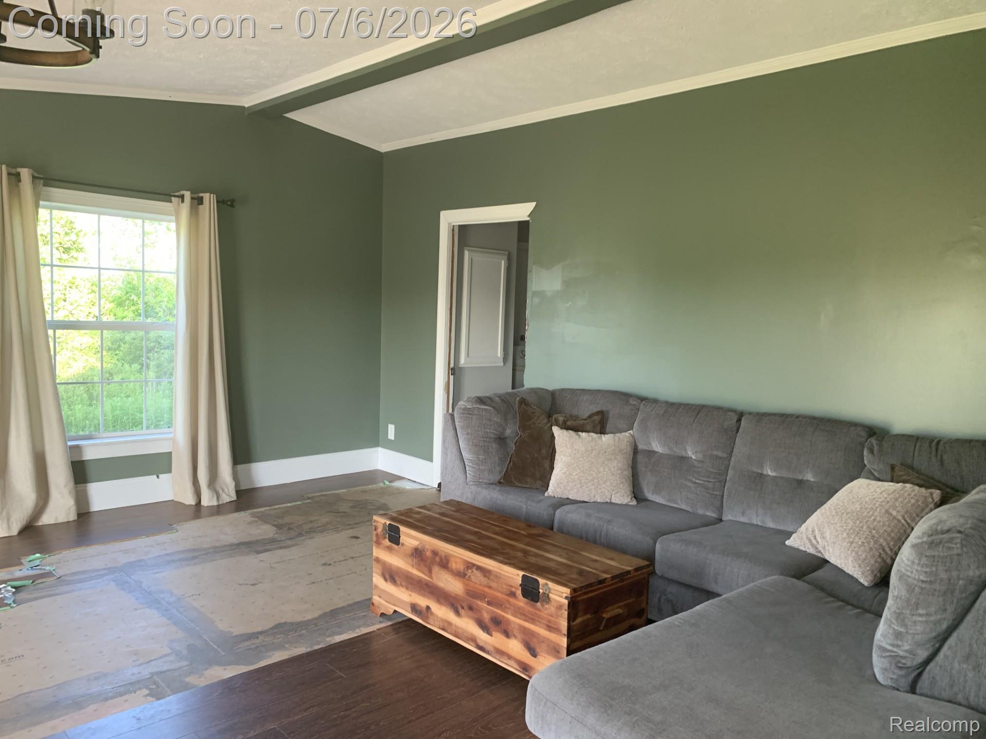 4168 Harris Road Fort Gratiot, MI 48059 - Photo 14 of 30 Room featuring warm green walls with white trim, a large window, a wood-finish flooring partially exposed, and an overhead lighting fixture