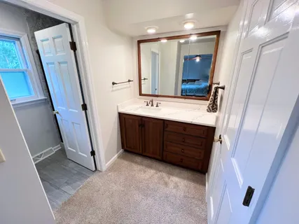 a bathroom with a double vanity sink and mirror