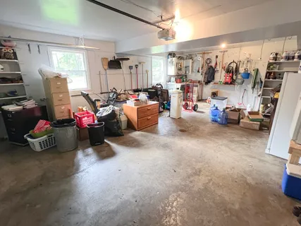 a view of a garage with toys and a window