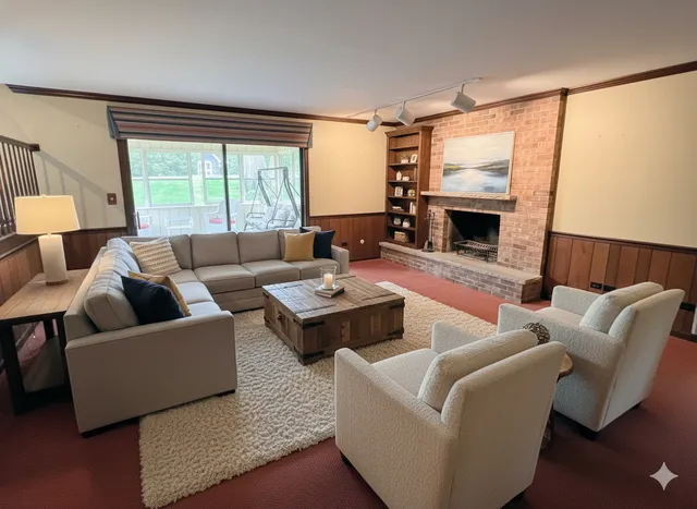 a living room with furniture and a fireplace