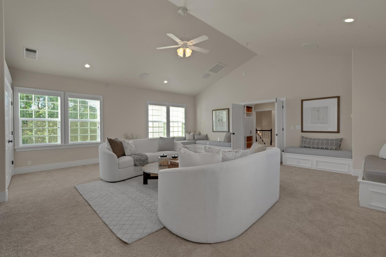 2905 Virginiatown Road Lincoln, CA 95648 - Photo 35 of 86 Media Room/ Flex Space- Spacious room featuring vaulted ceilings, recessed lighting, multiple windows with natural light, a ceiling fan, and built-in window seating with integrated storage