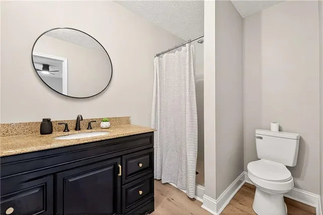 a bathroom with a granite countertop toilet sink and mirror