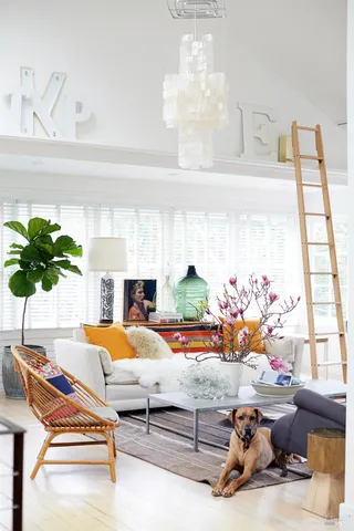a bedroom with furniture and a potted plant