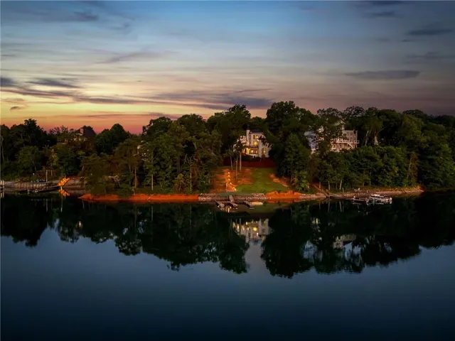 an aerial view of a house with outdoor space and trees all around