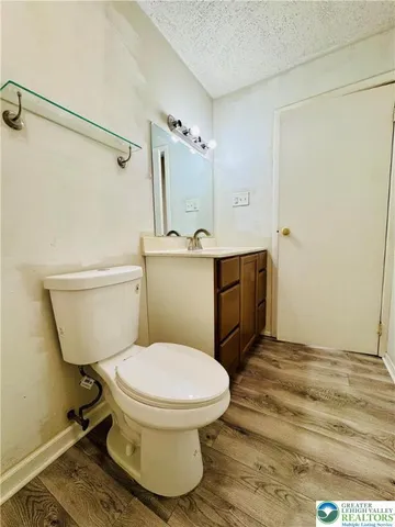 a bathroom with a sink a toilet and a large mirror