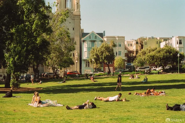 a view of a building with sitting area
