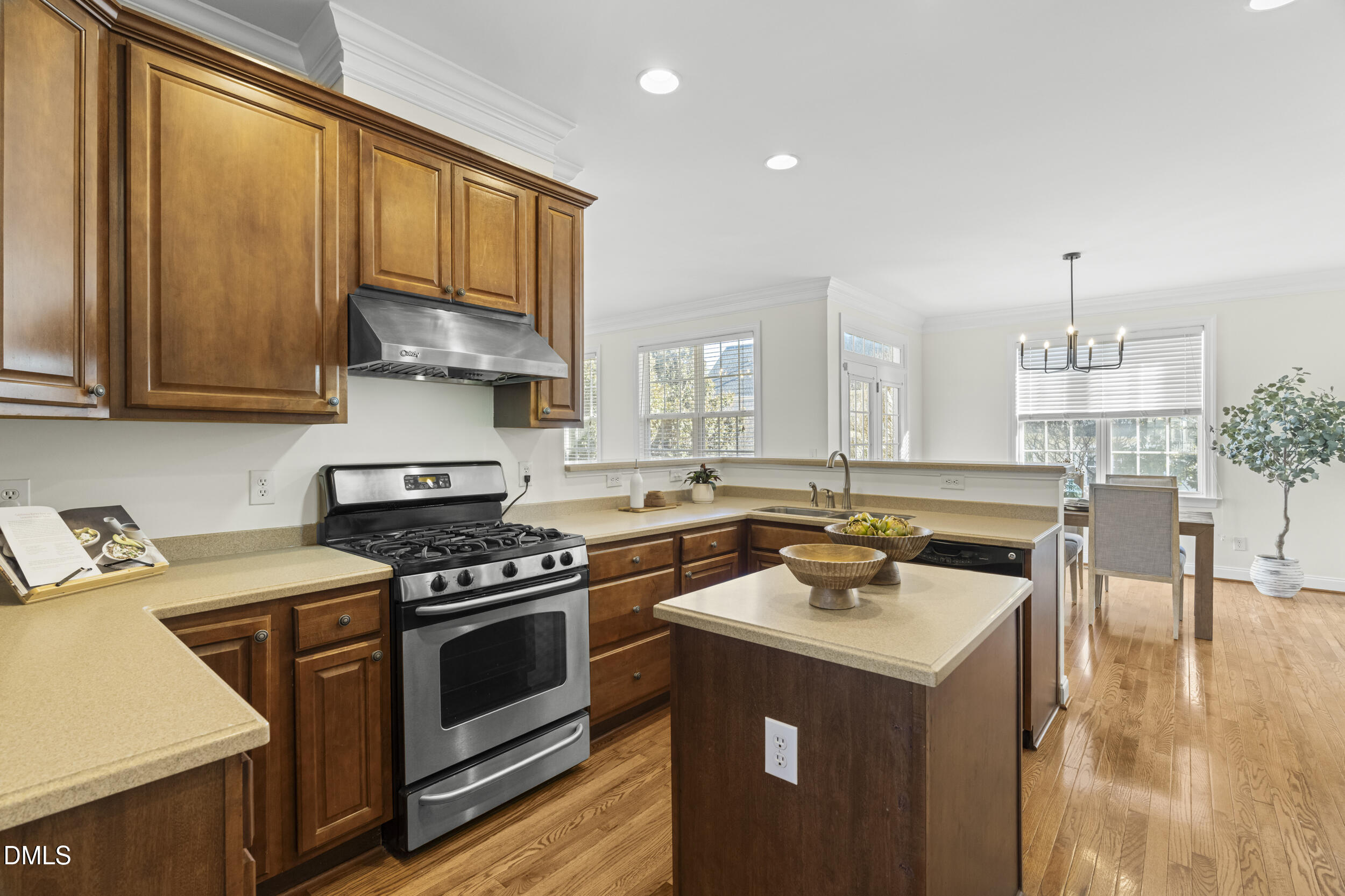 105 Bayless Ridge Court Morrisville, NC 27560 - Photo 13 of 43 a kitchen with stainless steel appliances a stove a sink cabinets and a wooden floor