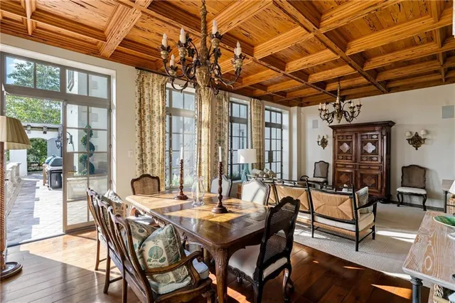 a view of a dining room and outdoor space