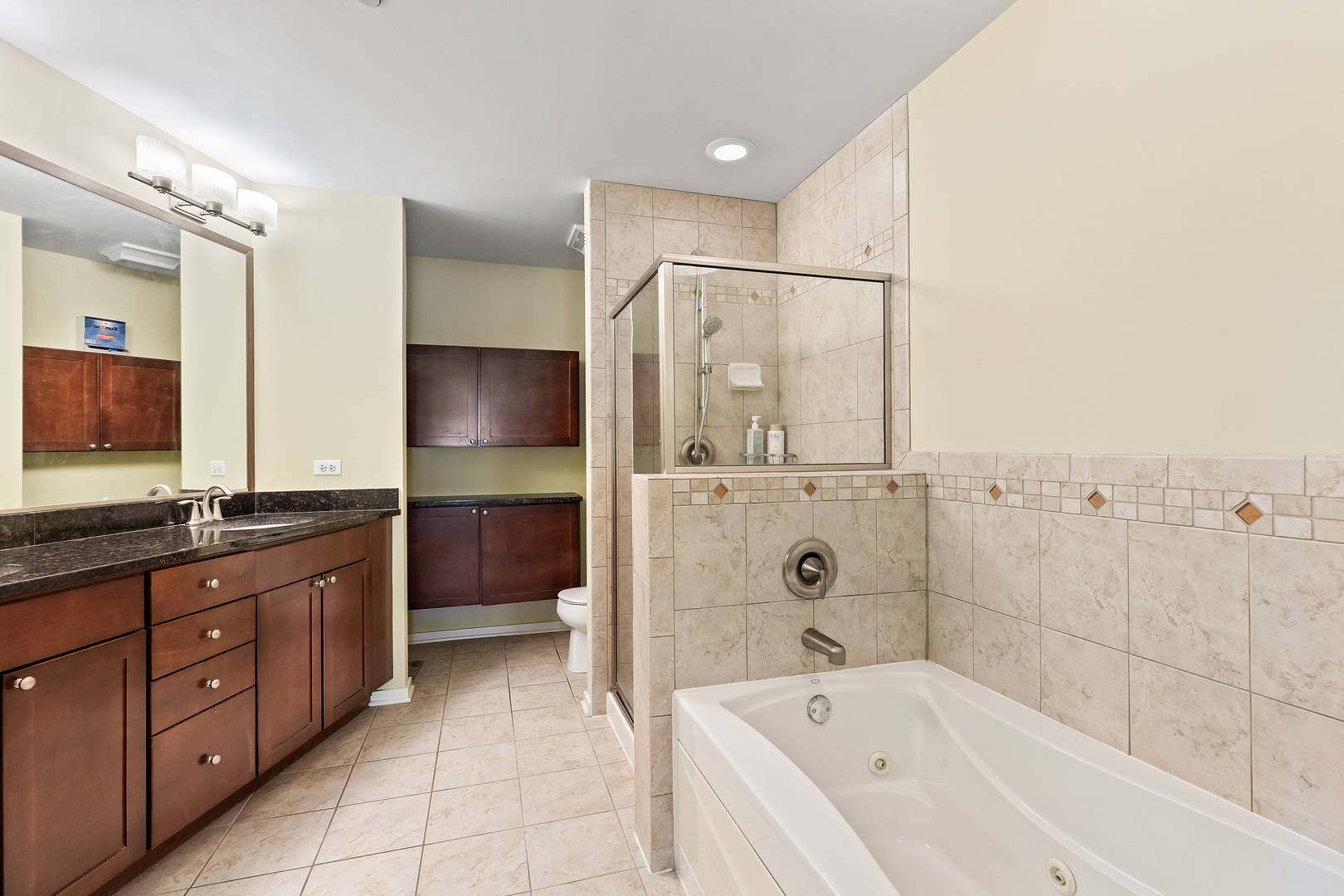 520 South State Street, Unit 1201 Chicago, IL 60605 - Photo 22 of 46 a bathroom with a tub a sink double vanity and granite