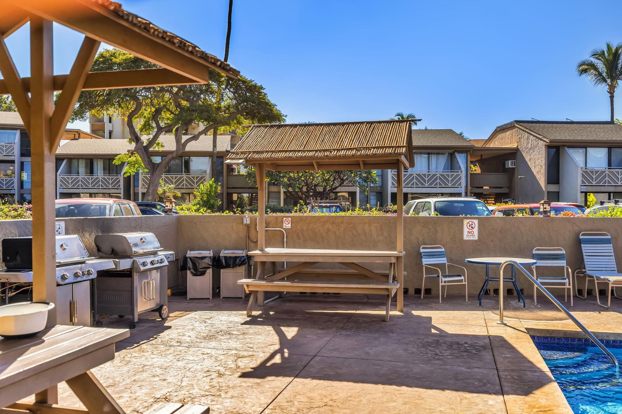 483 South Kihei Road, Unit 215 Kihei, HI 96753 - Photo 45 of 49 a view of a patio with dining table and chairs with wooden floor and plants