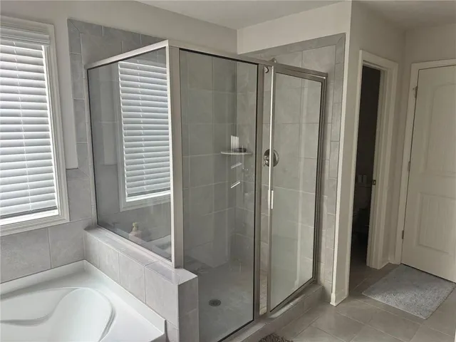 a bathroom with a shower and a toilet