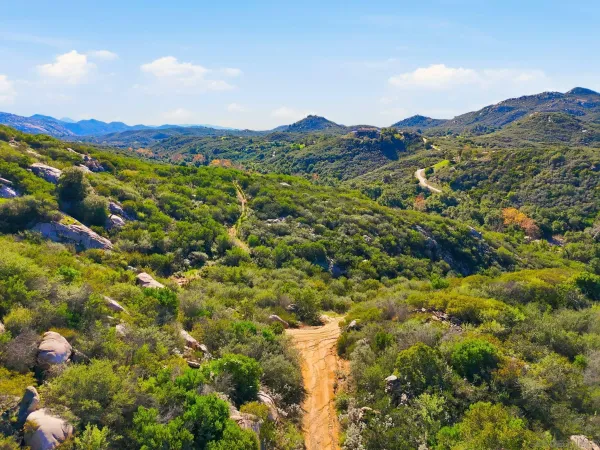 a view of a field with a houses