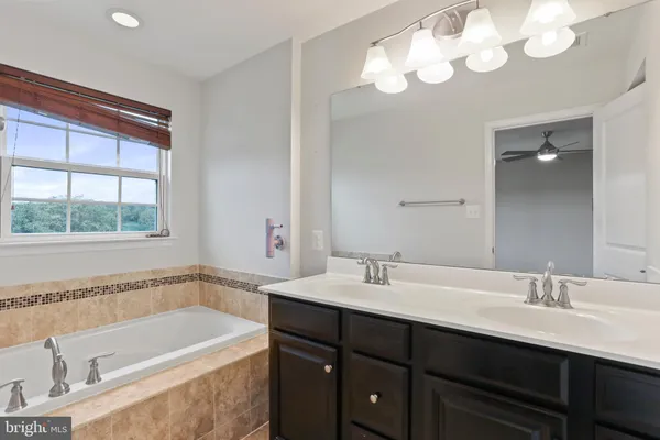 a bathroom with a tub a sink double vanity and a mirror
