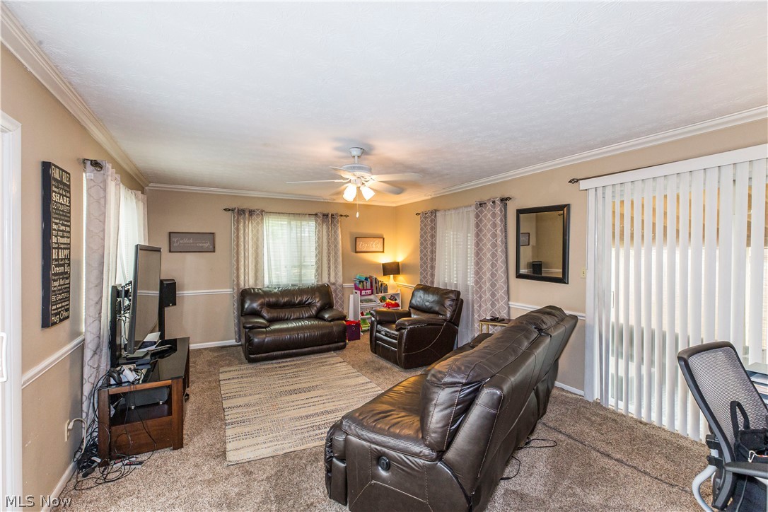 2095 Wyndham Road Akron, OH 44313 - Photo 30 of 40 Carpeted living room featuring crown molding and ceiling fan