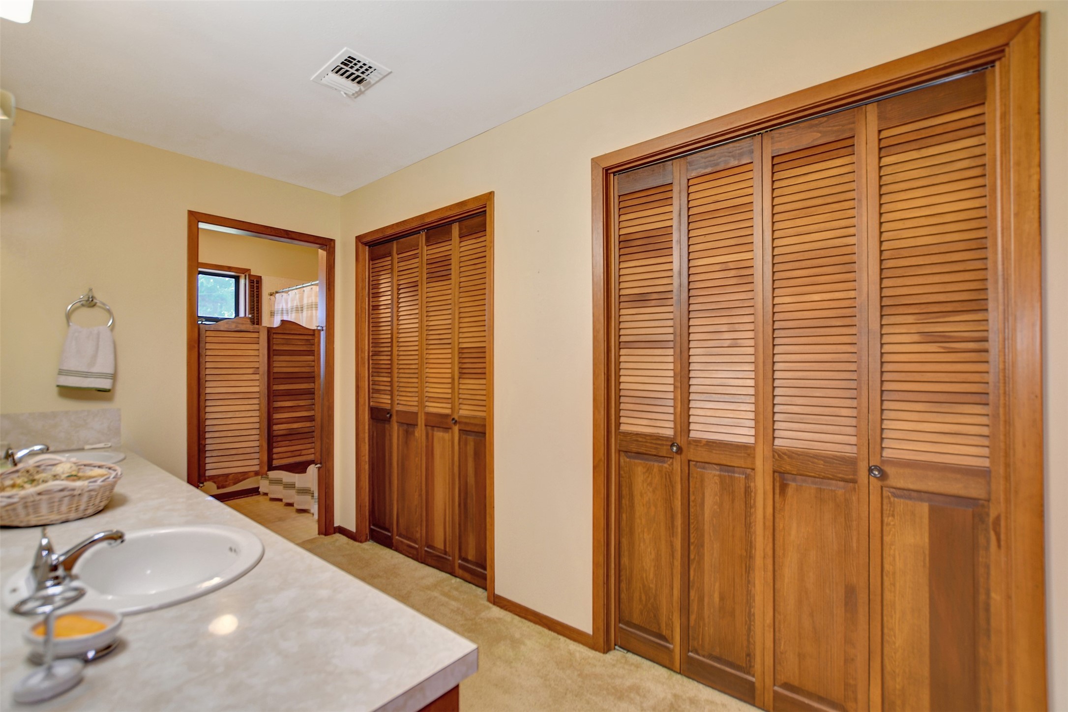 341 South S Loop Bellville, TX 77418 - Photo 22 of 33 This bathroom features a double sink vanity with a marble countertop, wooden louvered closet doors, and a separate shower area with privacy doors. Warm wood accents complement the neutral walls, creating a cozy and functional space.