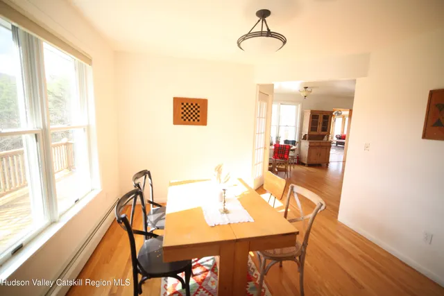 a view of a dining room with furniture window and wooden floor