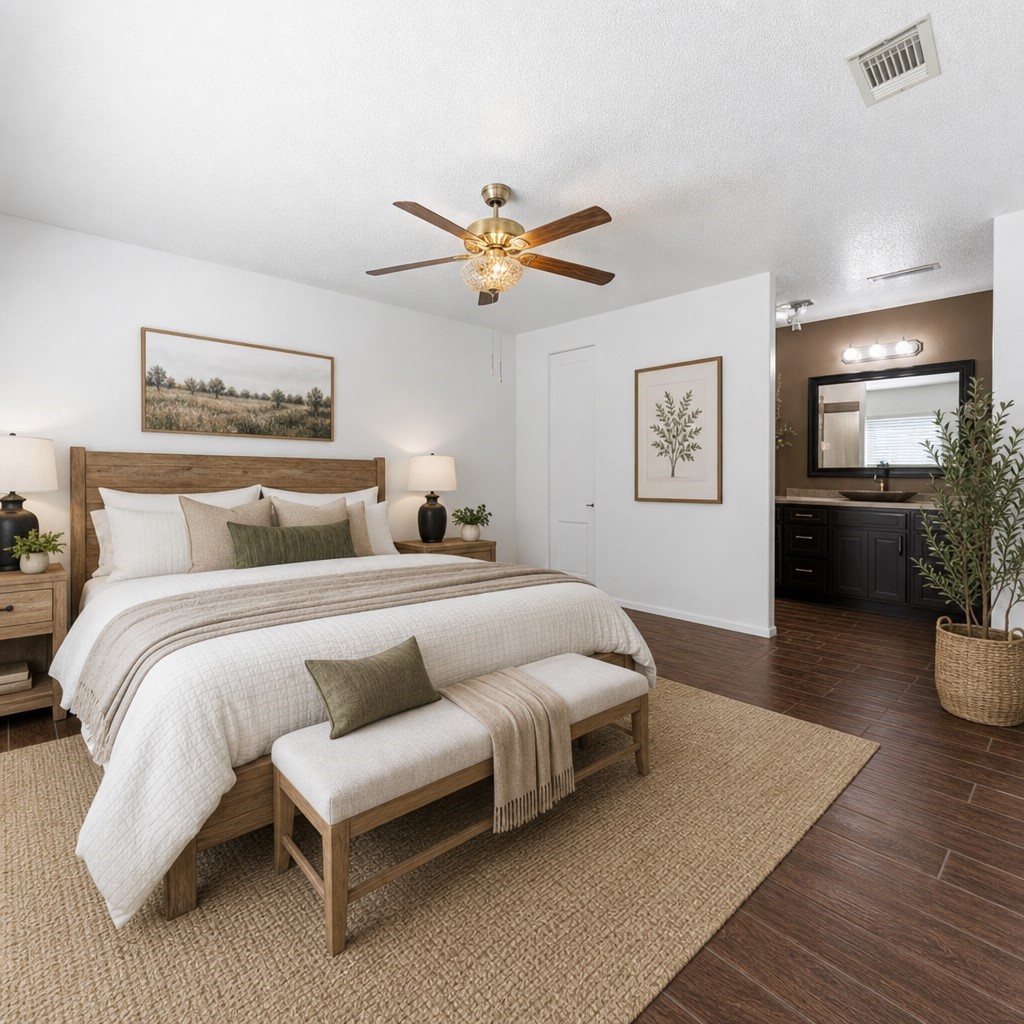 21514 Slippery Creek Lane Spring, TX 77388 - Photo 8 of 17 This beautifully staged primary bedroom showcases a warm country-modern aesthetic with soft textures, clean lines, and calming neutral tones. The layout highlights the room’s generous size and natural light, creating a relaxing retreat perfect for unwinding. Thoughtful décor and balanced furnishings help buyers envision a peaceful, comfortable space that feels both stylish and inviting.