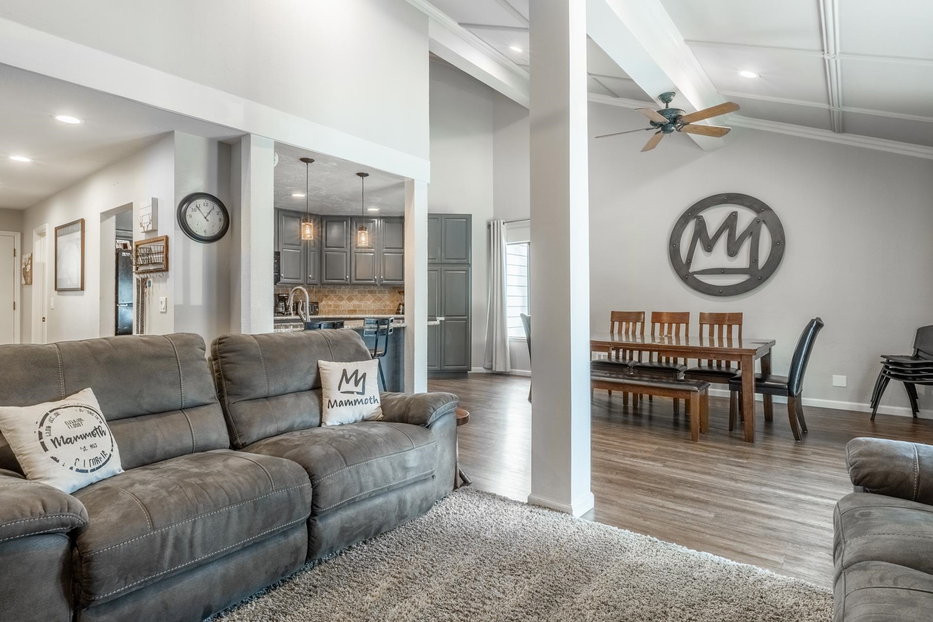 362 Old Mammoth Road, Unit 4 Mammoth Lakes, CA 93546 - Photo 4 of 50 Living area with recessed lighting, a ceiling fan, wood finished floors, and vaulted ceiling