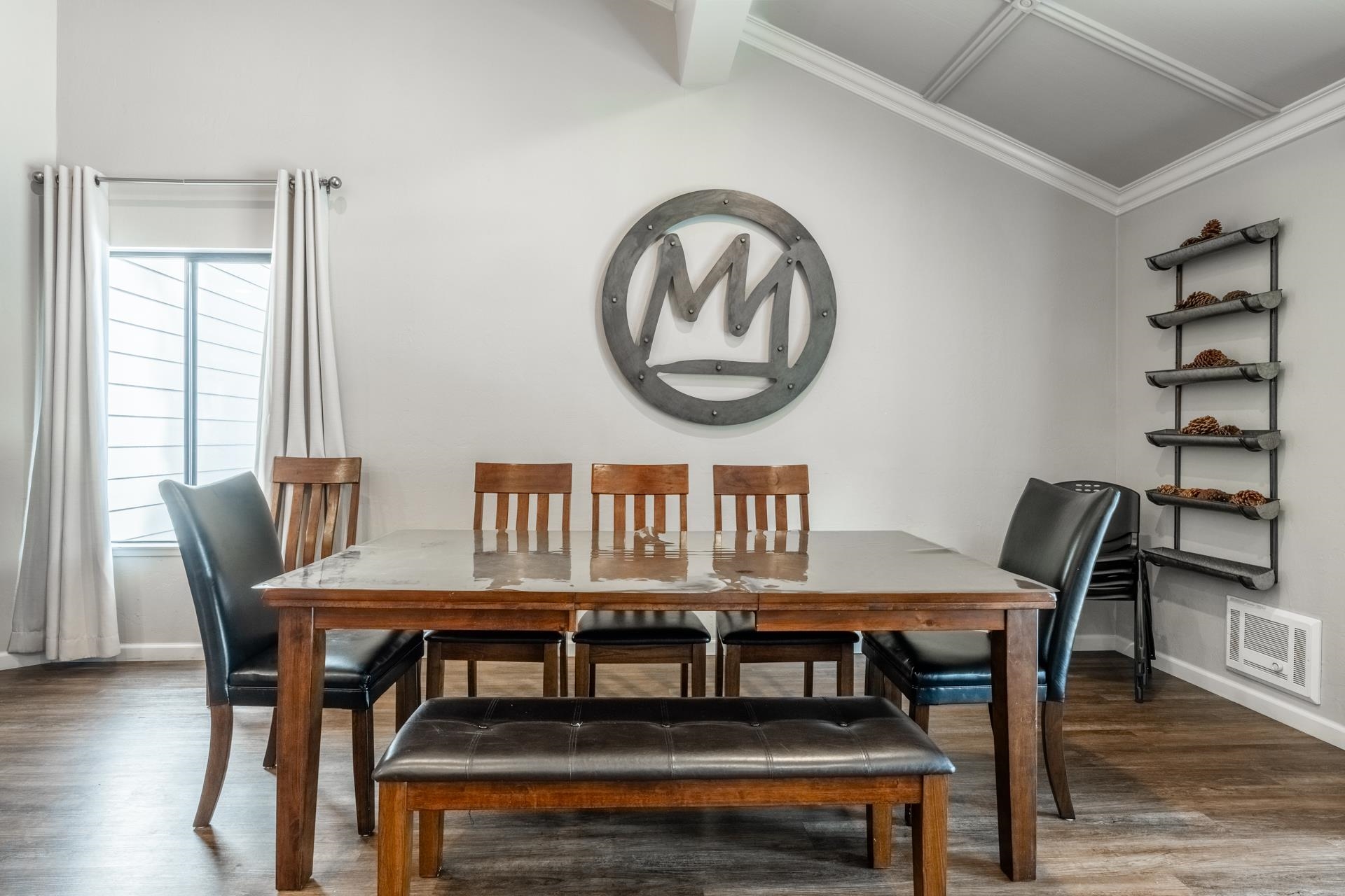 362 Old Mammoth Road, Unit 4 Mammoth Lakes, CA 93546 - Photo 6 of 50 Dining room featuring wood finished floors, vaulted ceiling, and crown molding