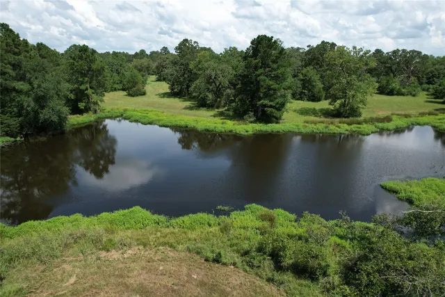 an aerial view of a house with a yard and a lake view
