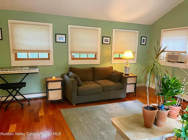a living room with furniture and a potted plant