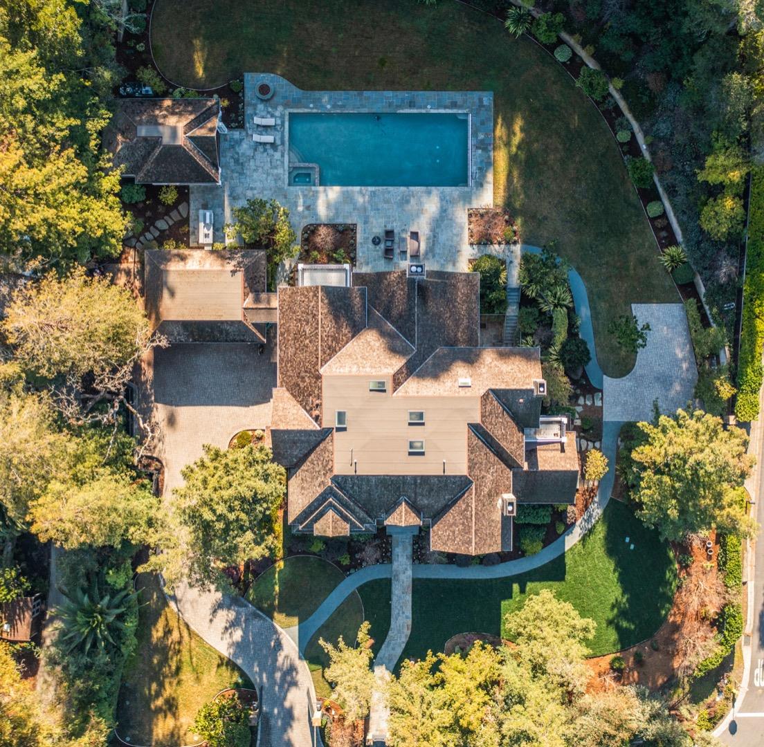 1 Sutherland Drive Atherton, CA 94027 - Photo 15 of 32 an aerial view of a house with a yard basket ball court and outdoor seating
