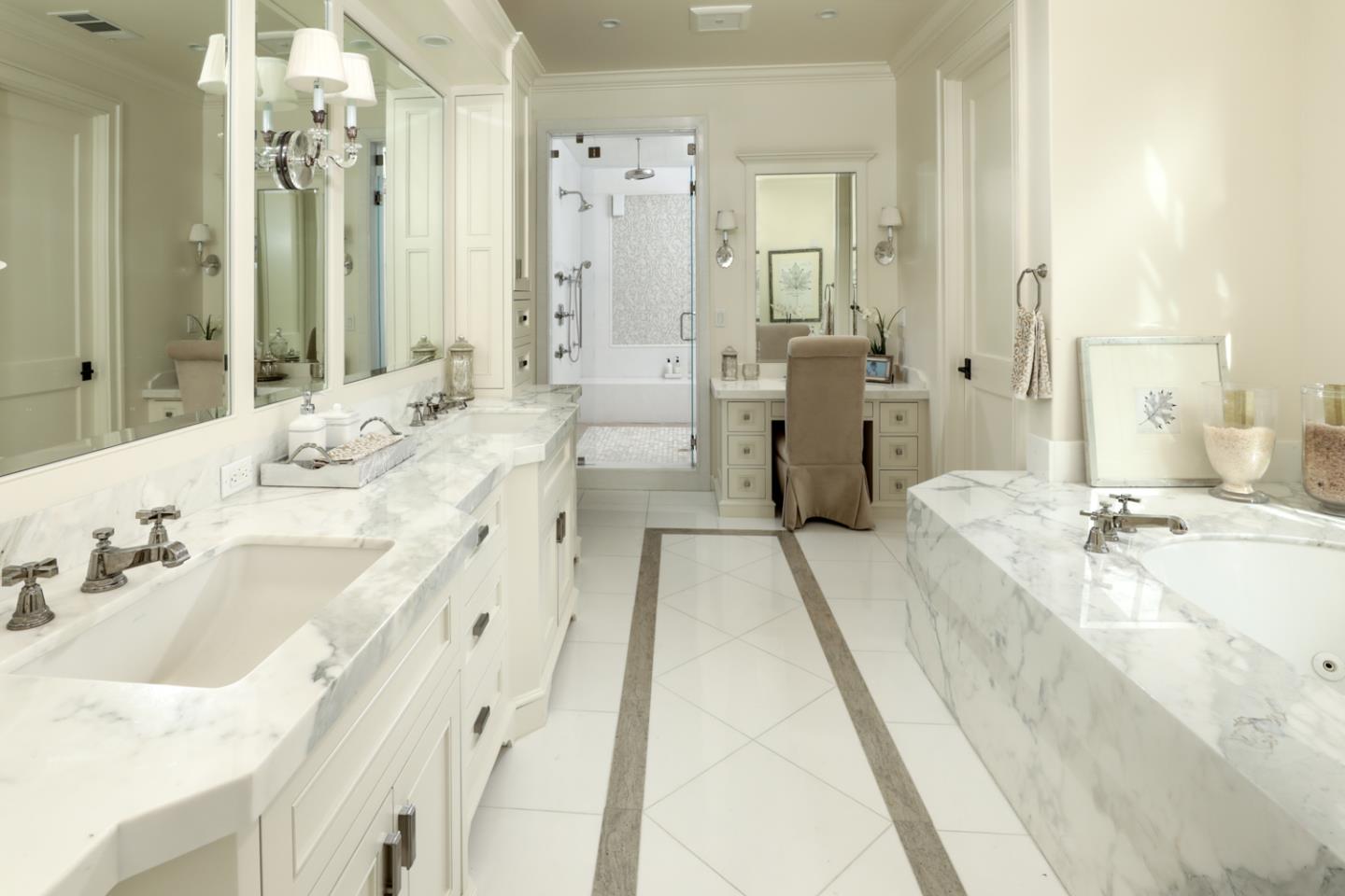 1 Sutherland Drive Atherton, CA 94027 - Photo 30 of 32 a spacious bathroom with sinks mirror and a bathtub